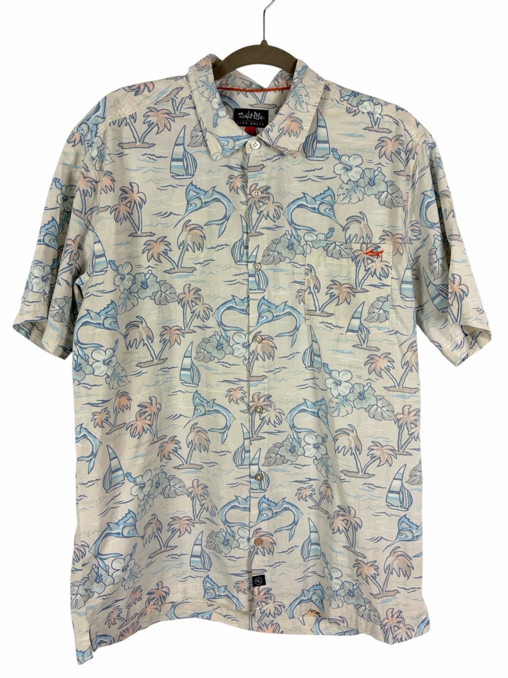 Salt Life Live Salty Hawaiian Camp Shirt Men’s Large Tropical Sailboat Button Up